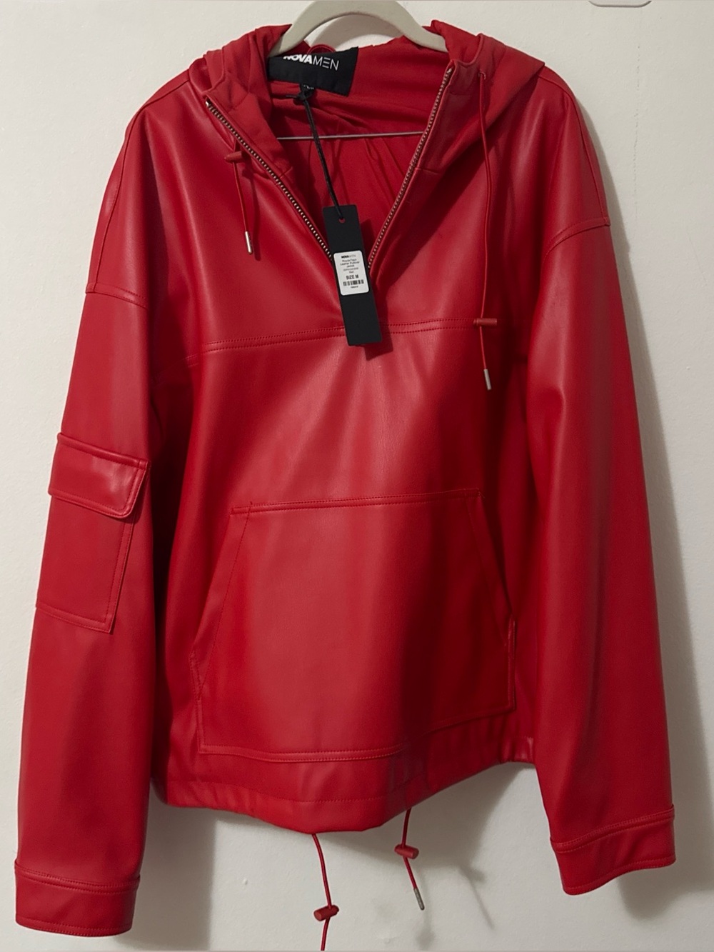 Red Faux-Leather Hooded Pullover Jacket -